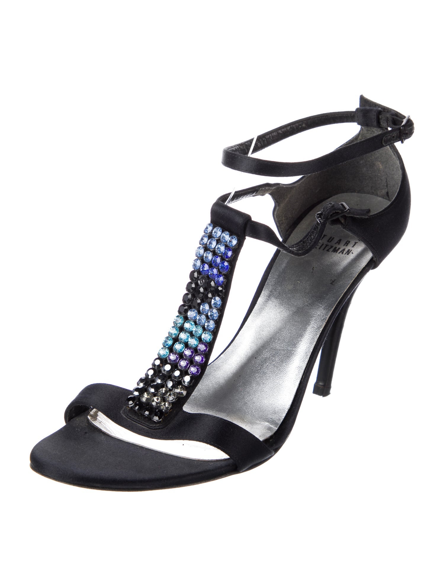 Stuart Weitzman Satin Crystal Embellishments T-Strap Sandals