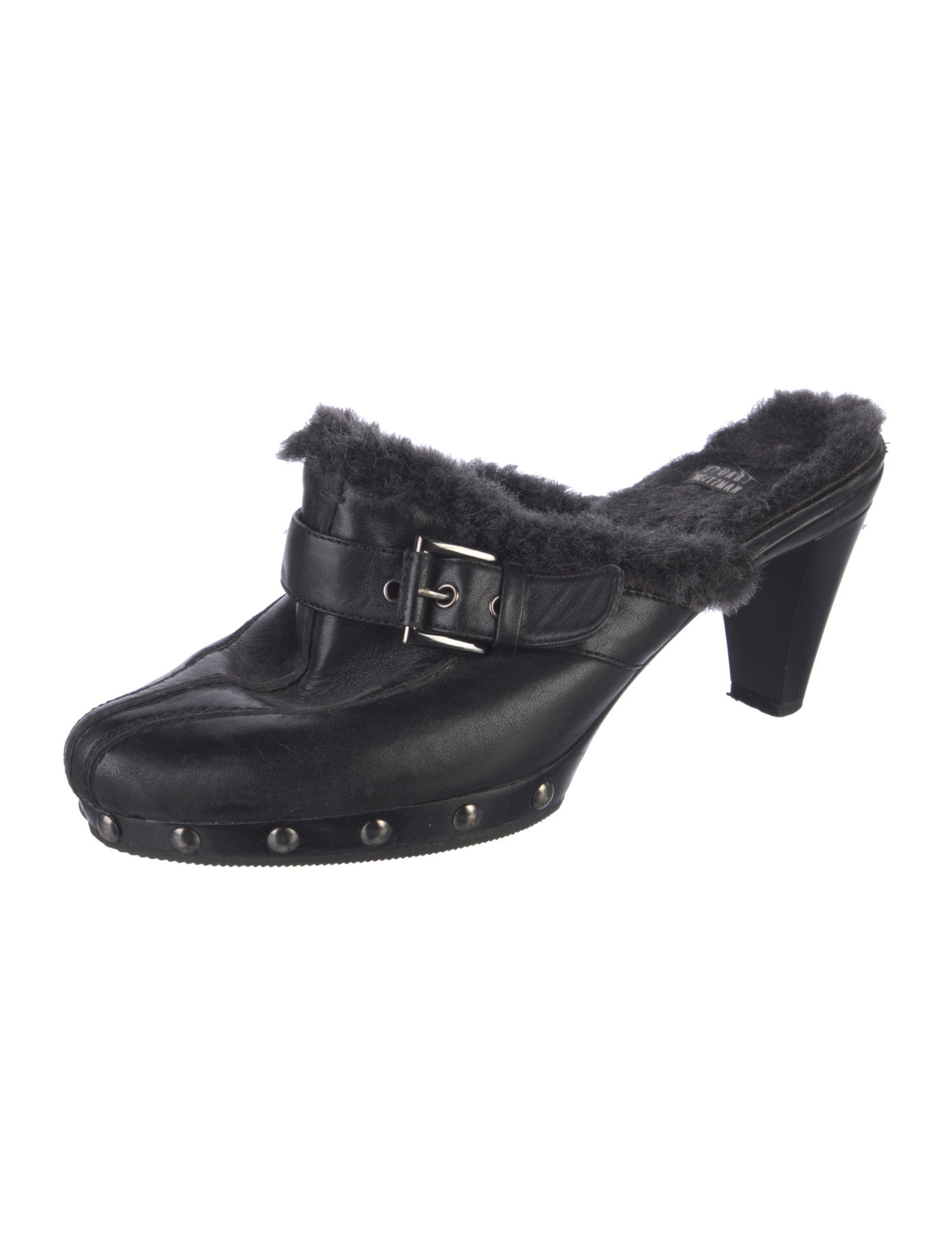 Stuart Weitzman Leather Faux Fur Trim Mules