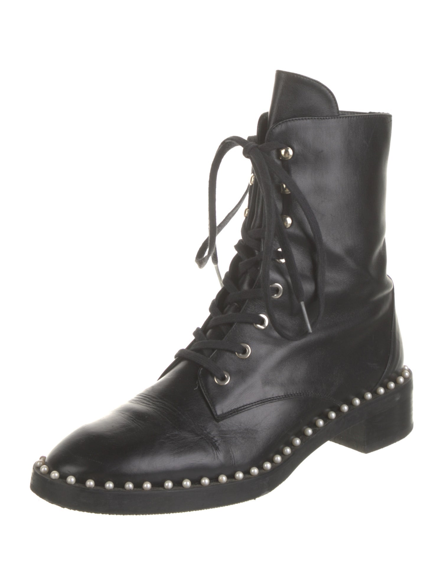 Stuart Weitzman Faux Pearl Accents Leather Combat Boots