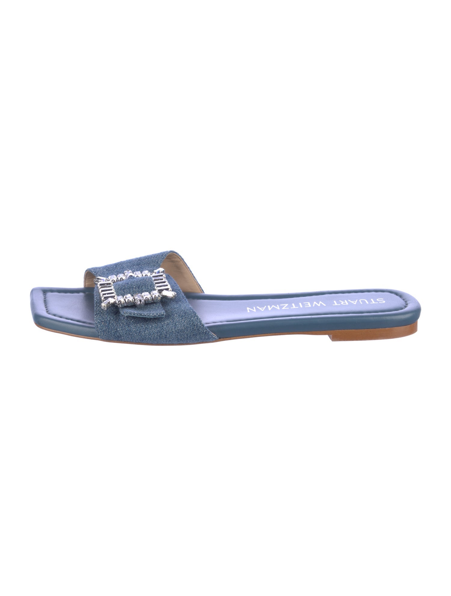 Stuart Weitzman Denim Crystal Embellishments Slides
