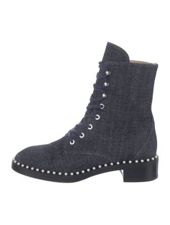 Stuart Weitzman Faux Pearl Accents Denim Combat Boots