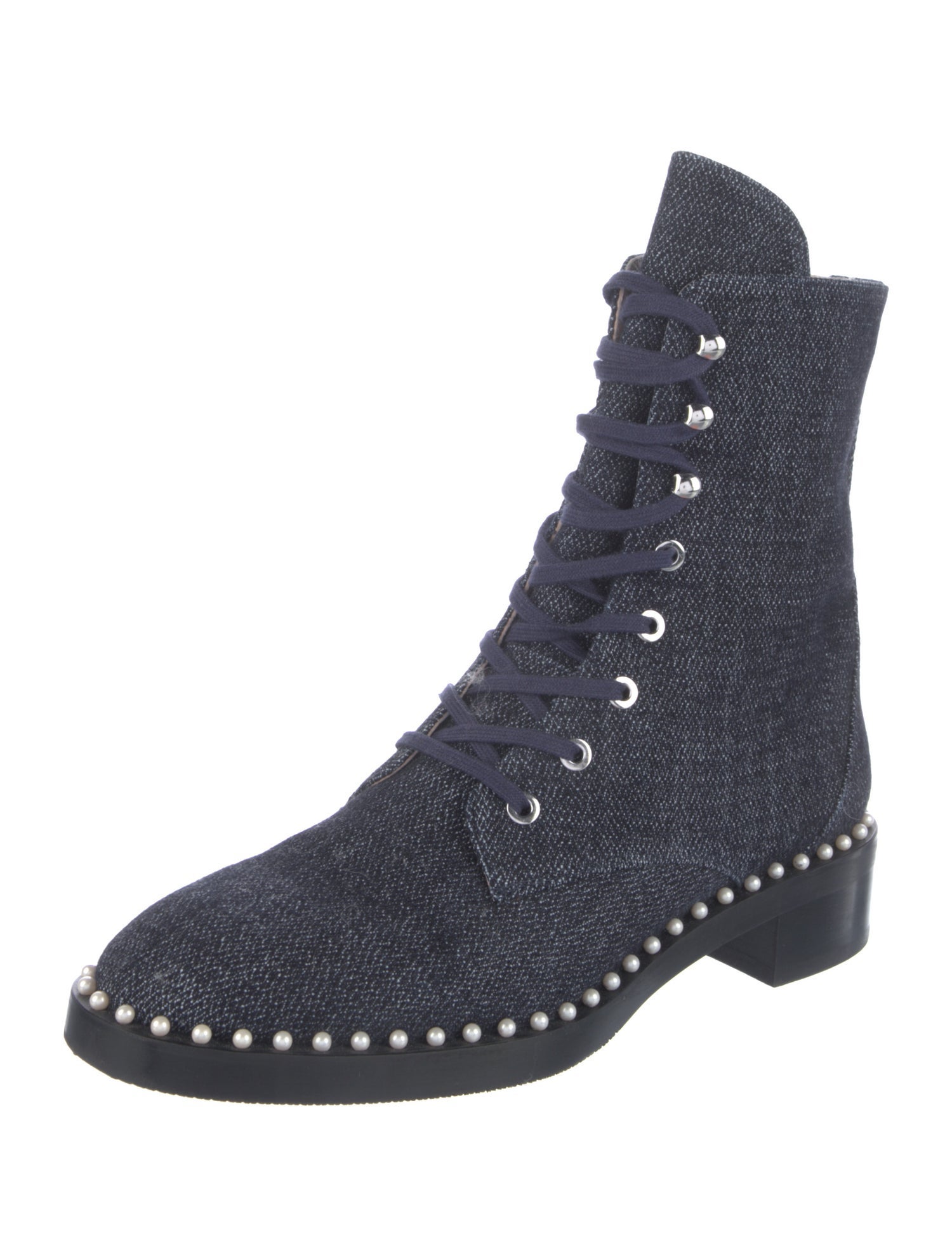 Stuart Weitzman Faux Pearl Accents Denim Combat Boots