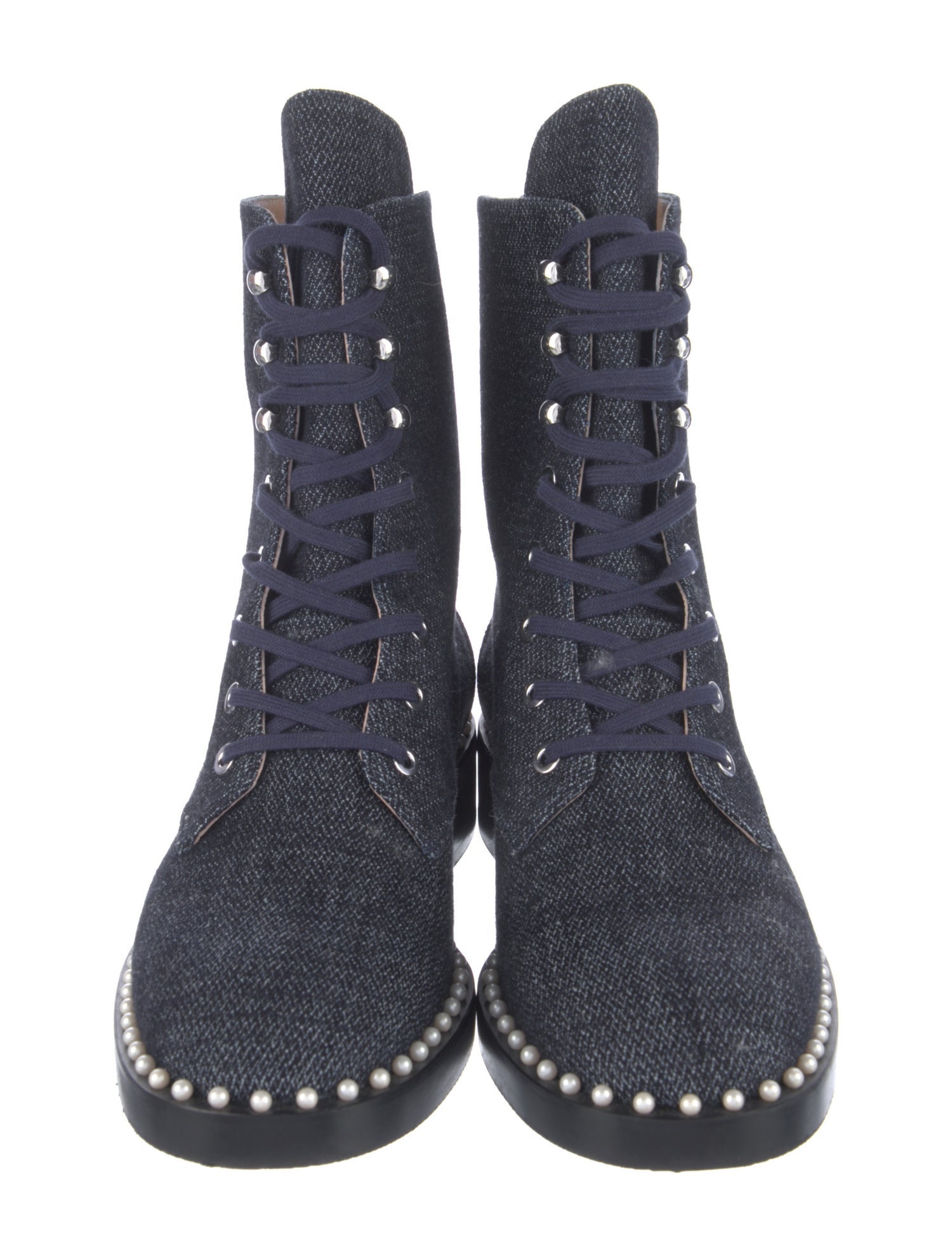 Stuart Weitzman Faux Pearl Accents Denim Combat Boots