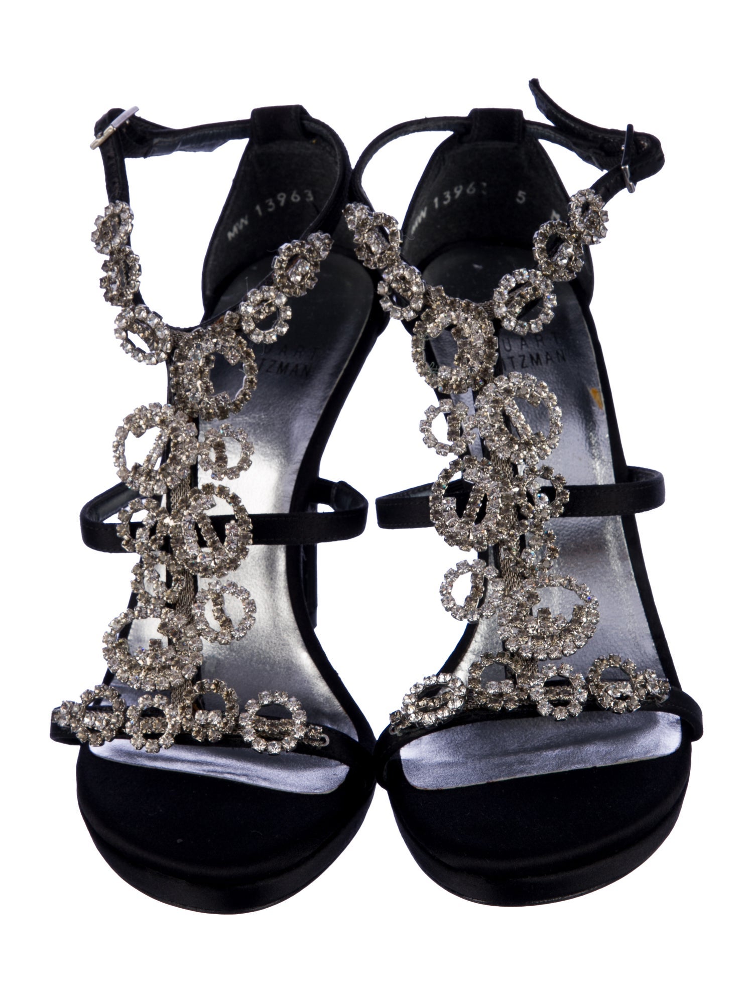 Stuart Weitzman Satin Crystal Embellishments T-Strap Sandals
