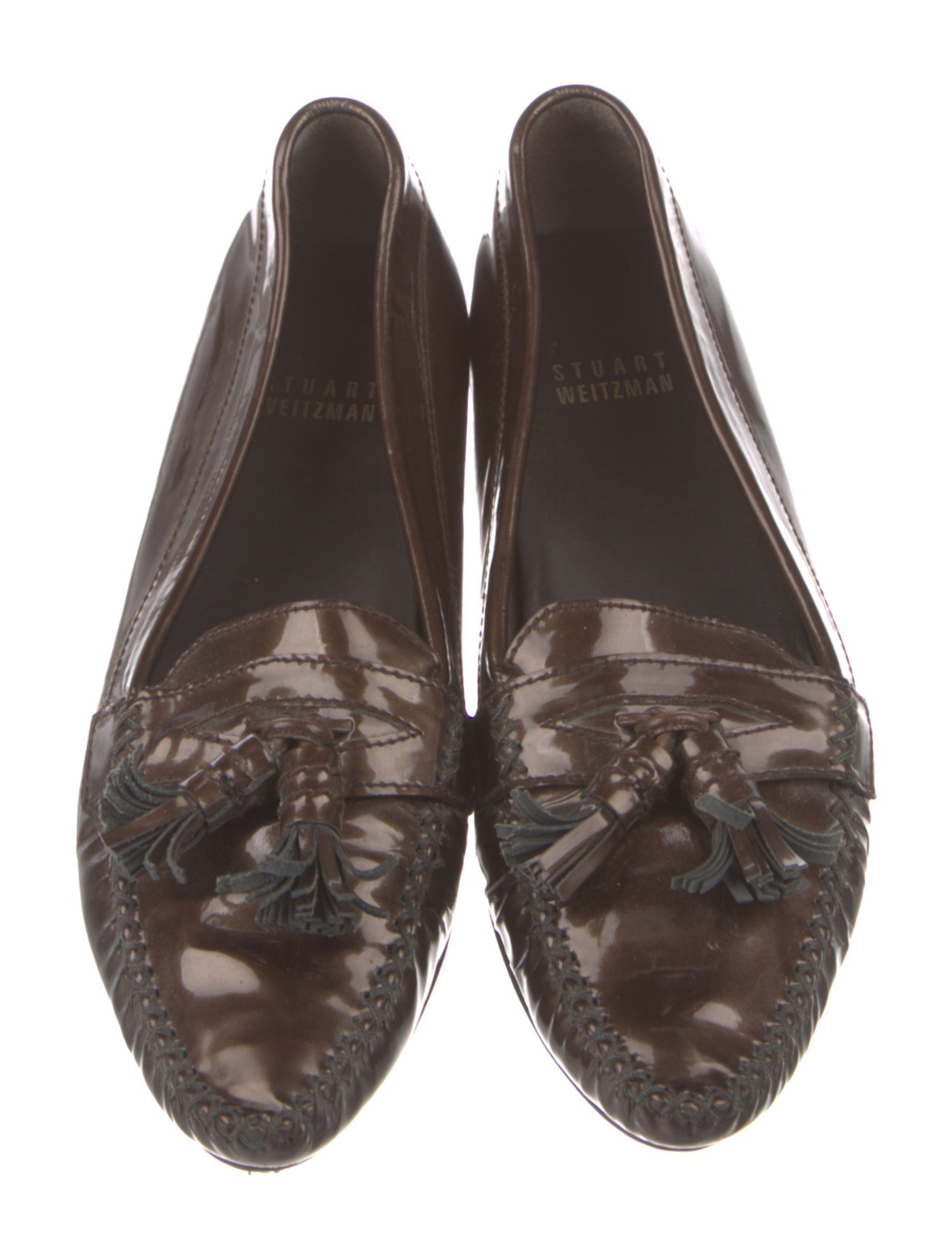 Stuart Weitzman Patent Leather Tassel Accents Moccasins