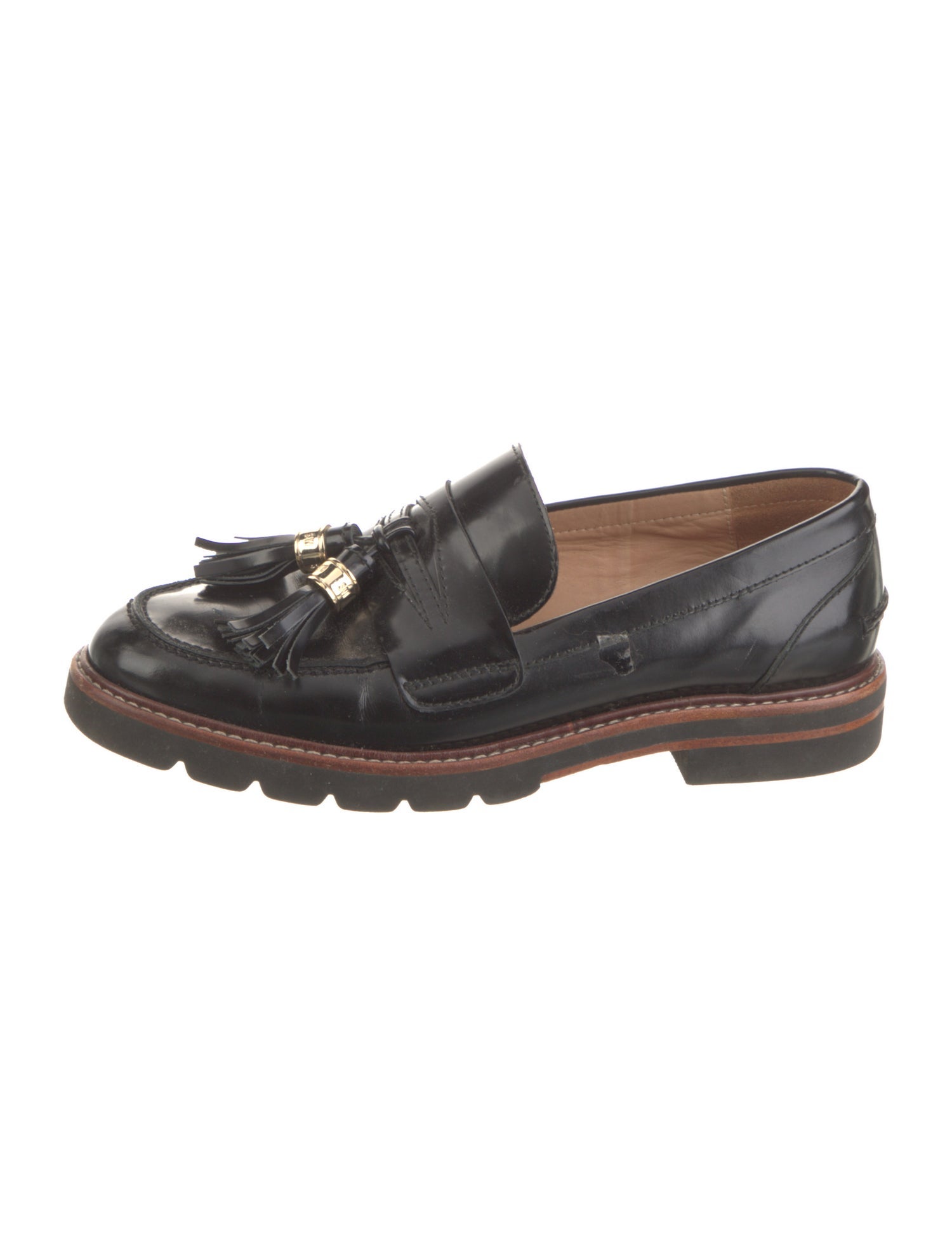 Stuart Weitzman Patent Leather Tassel Accents Loafers