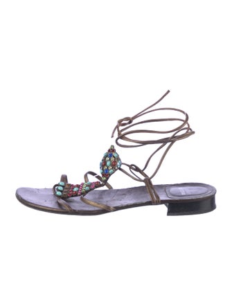 Stuart Weitzman Leather Crystal Embellishments Gladiator Sandals