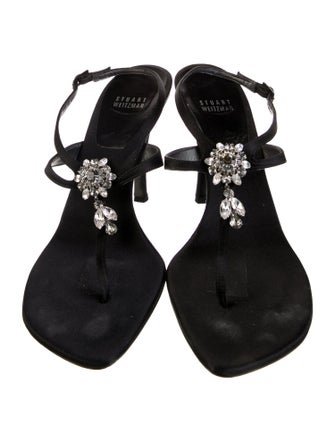 Stuart Weitzman Satin Crystal Embellishments T-Strap Sandals