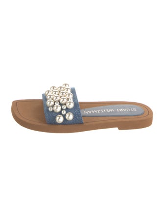 Stuart Weitzman Faux Pearl Accents Denim Slides
