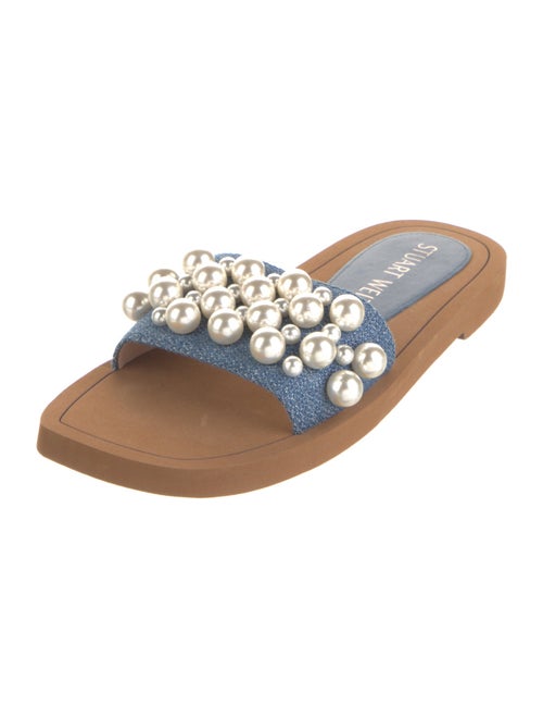 Stuart Weitzman Faux Pearl Accents Denim Slides