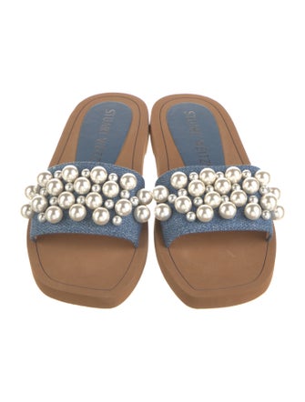 Stuart Weitzman Faux Pearl Accents Denim Slides