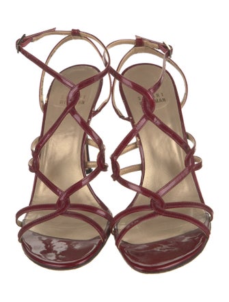 Stuart Weitzman Patent Leather Lasercut Accents T-Strap Sandals