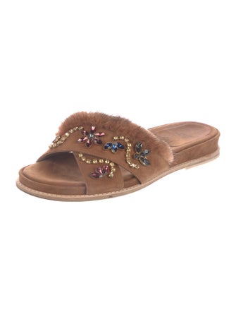 Stuart Weitzman Suede Crystal Embellishments Slides