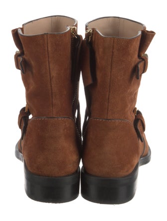 Stuart Weitzman Suede Leather Trim Embellishment Moto Boots