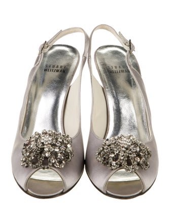 Stuart Weitzman Satin Crystal Embellishments Slingback Pumps