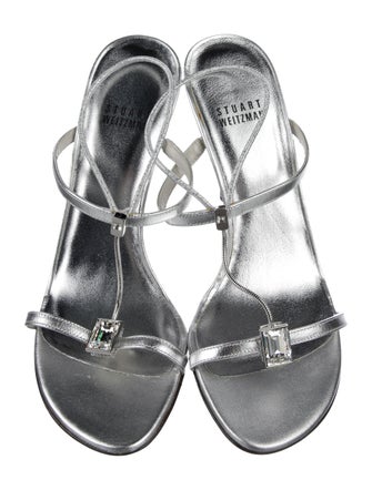 Stuart Weitzman Leather Crystal Embellishments T-Strap Sandals