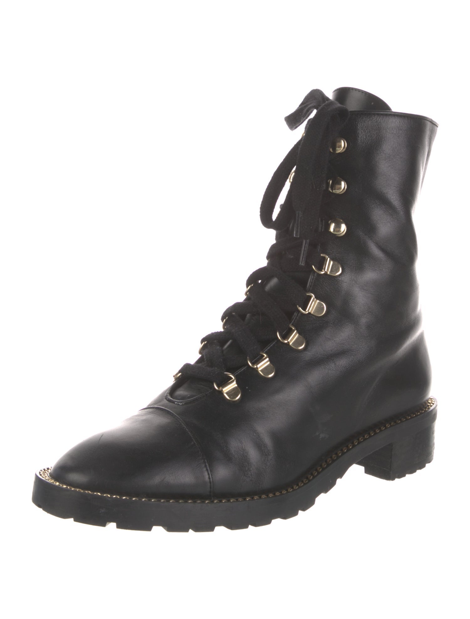 Stuart Weitzman Leather Chain-Link Accents Combat Boots