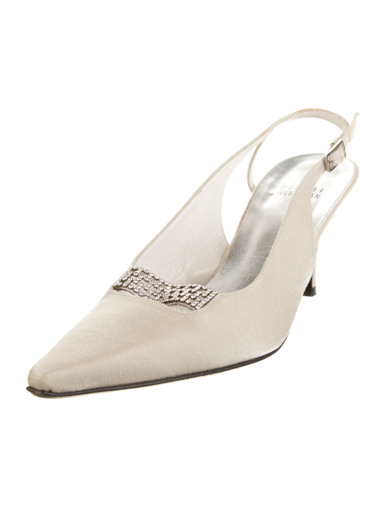 Stuart Weitzman Satin Crystal Embellishments Slingback Pumps