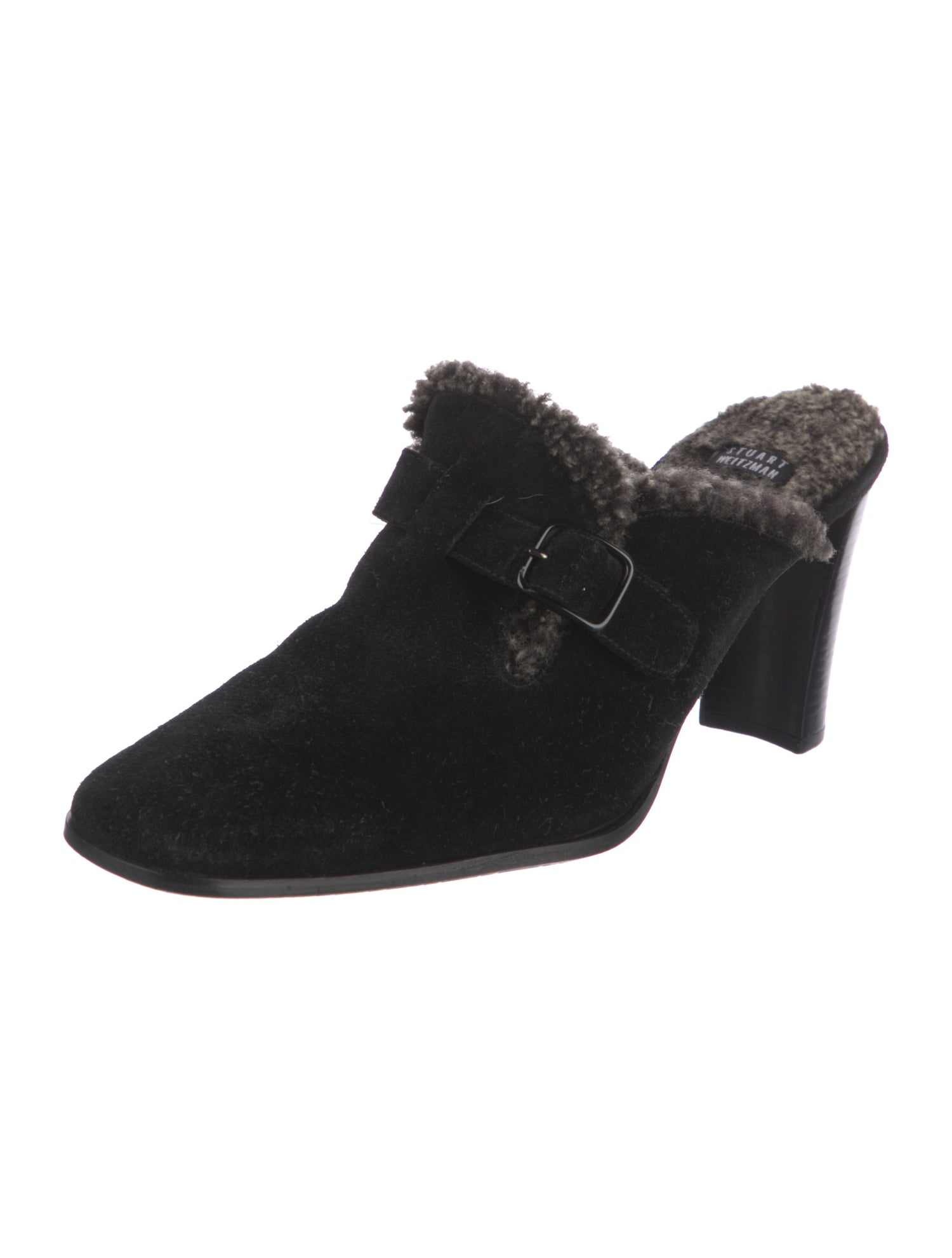 Stuart Weitzman Suede Faux Fur Trim Mules