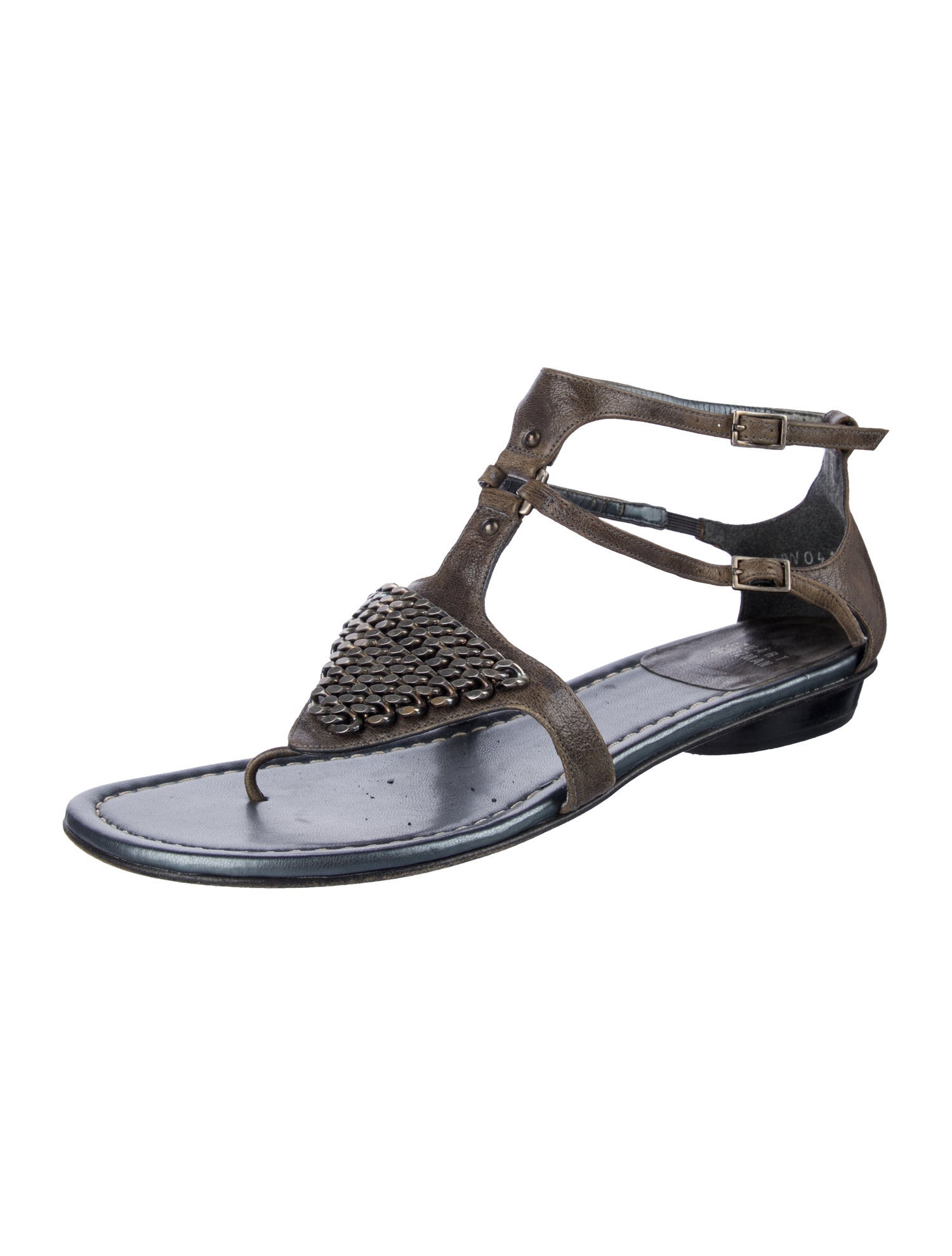 Stuart Weitzman Leather Chain-Link Accents T-Strap Sandals