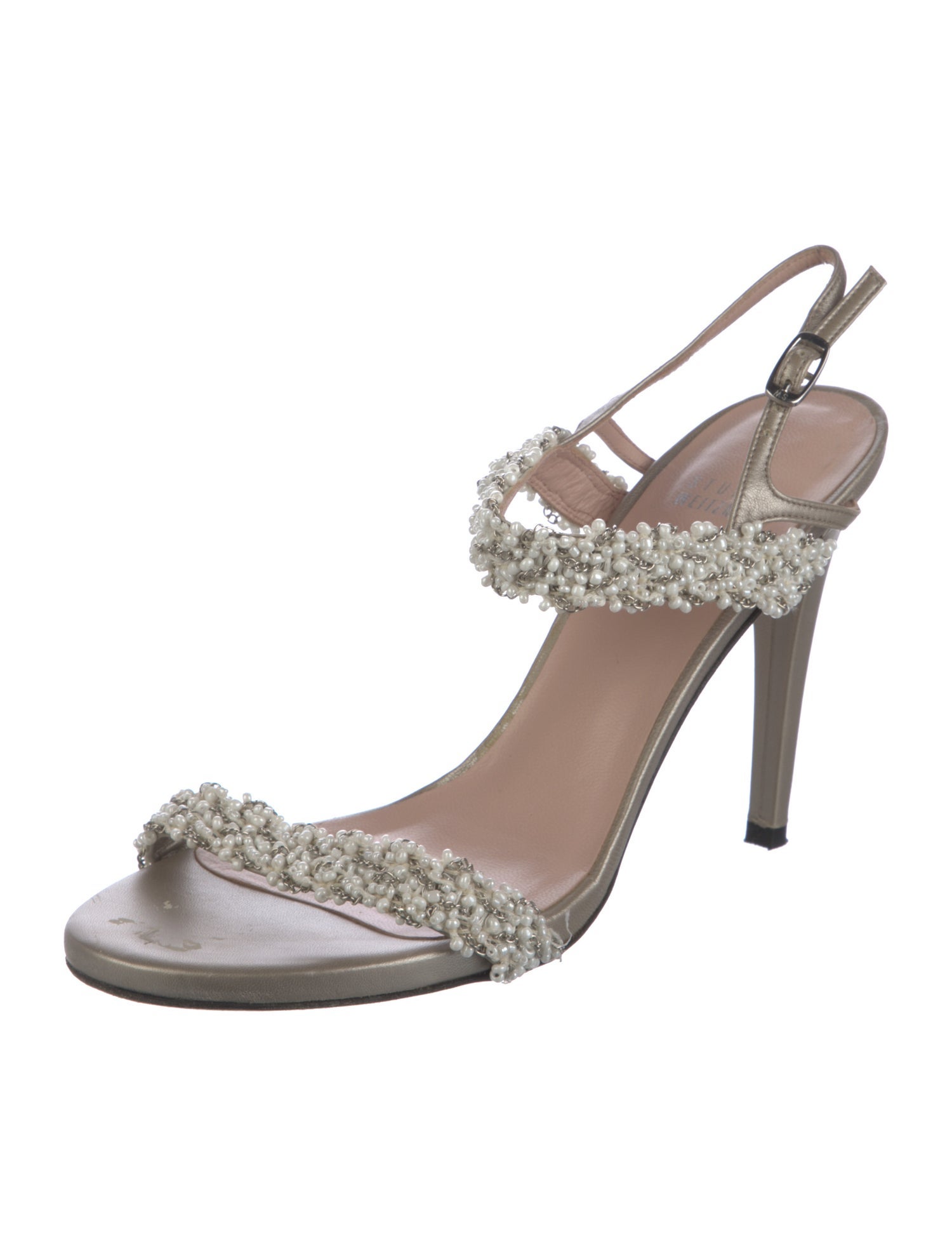 Stuart Weitzman Leather Beaded Accents Slingback Sandals