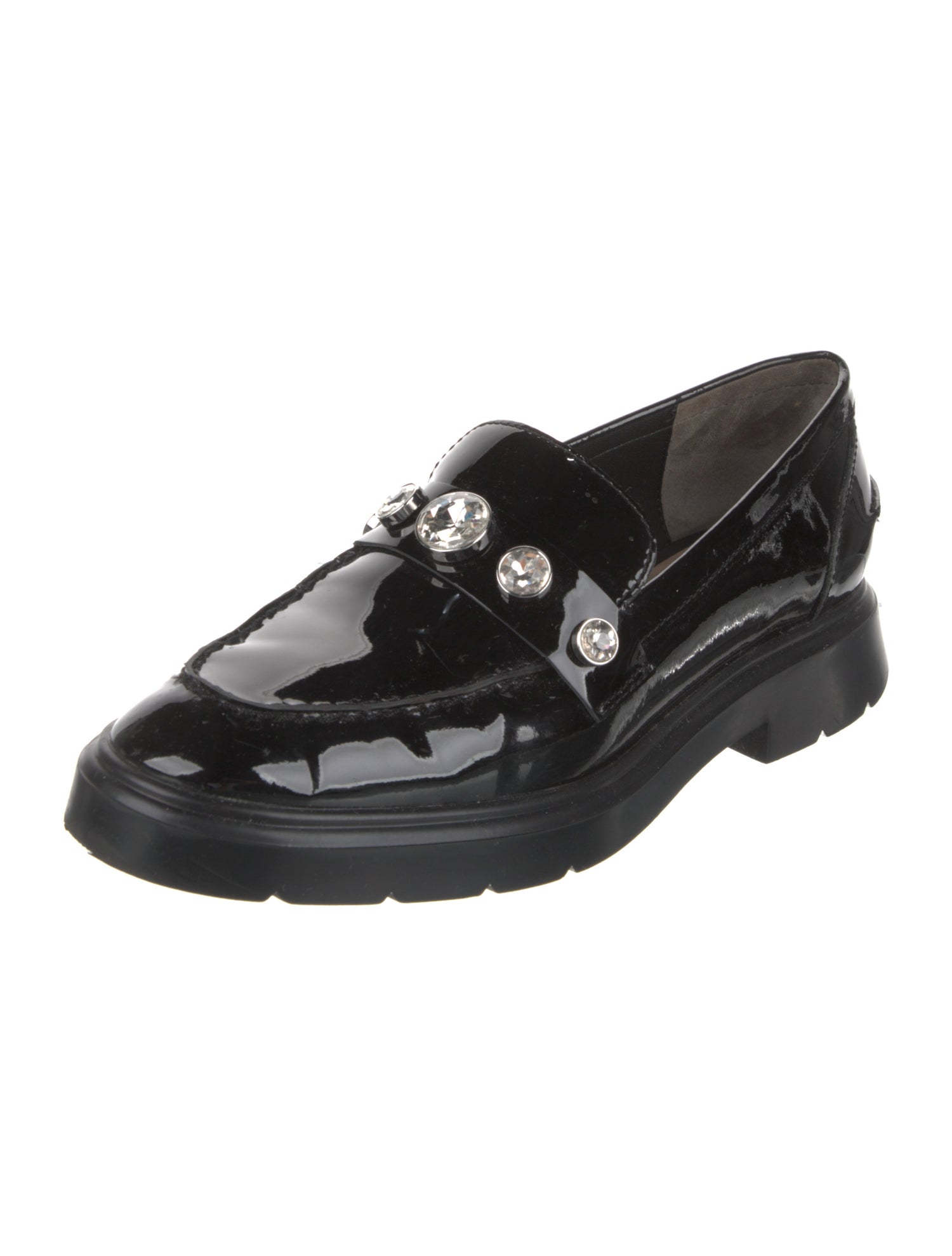 Stuart Weitzman Patent Leather Crystal Embellishments Loafers