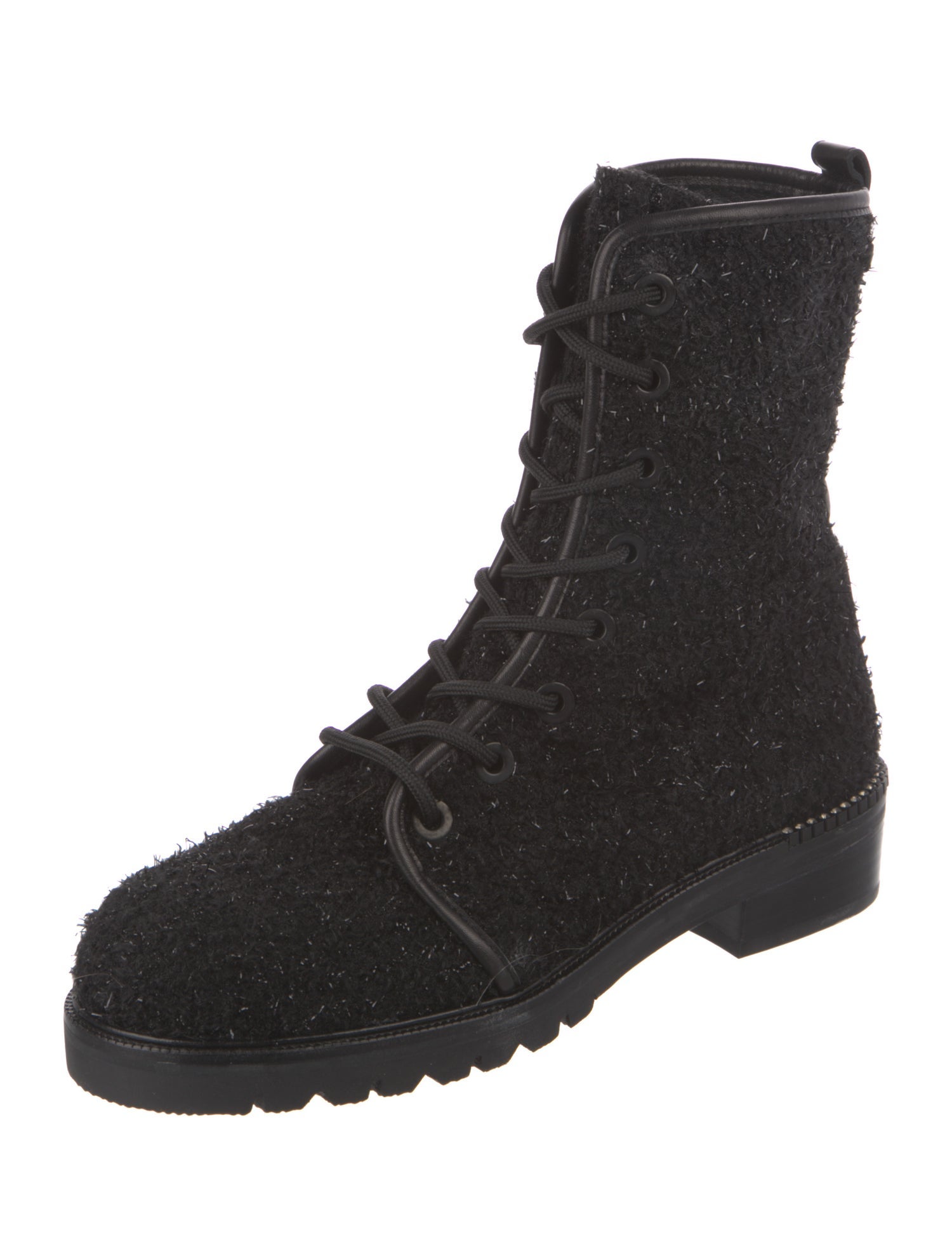 Stuart Weitzman Tweed Crystal Embellishments Combat Boots