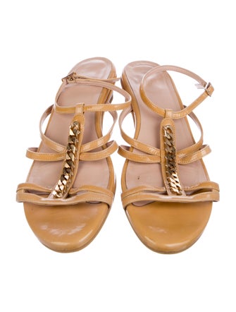 Stuart Weitzman Patent Leather Chain-Link Accents T-Strap Sandals