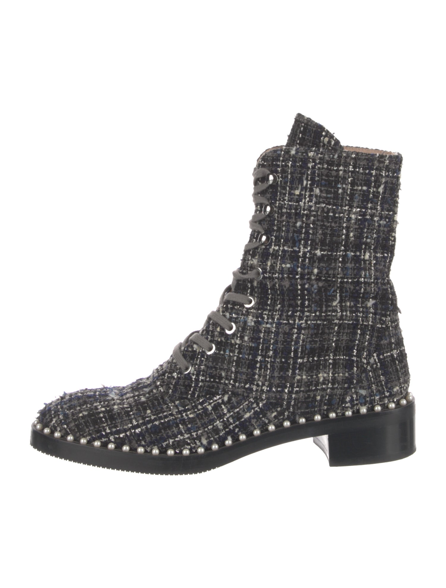 Stuart Weitzman Faux Pearl Accents Tweed Combat Boots