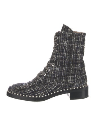 Stuart Weitzman Faux Pearl Accents Tweed Combat Boots