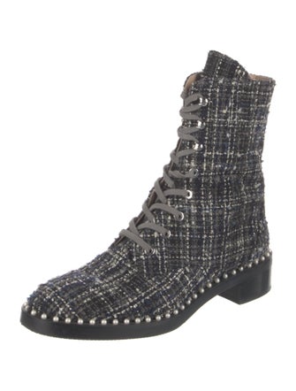 Stuart Weitzman Faux Pearl Accents Tweed Combat Boots