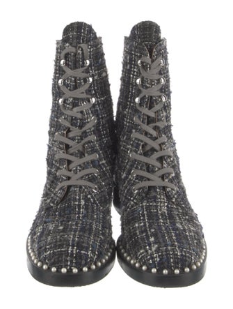 Stuart Weitzman Faux Pearl Accents Tweed Combat Boots