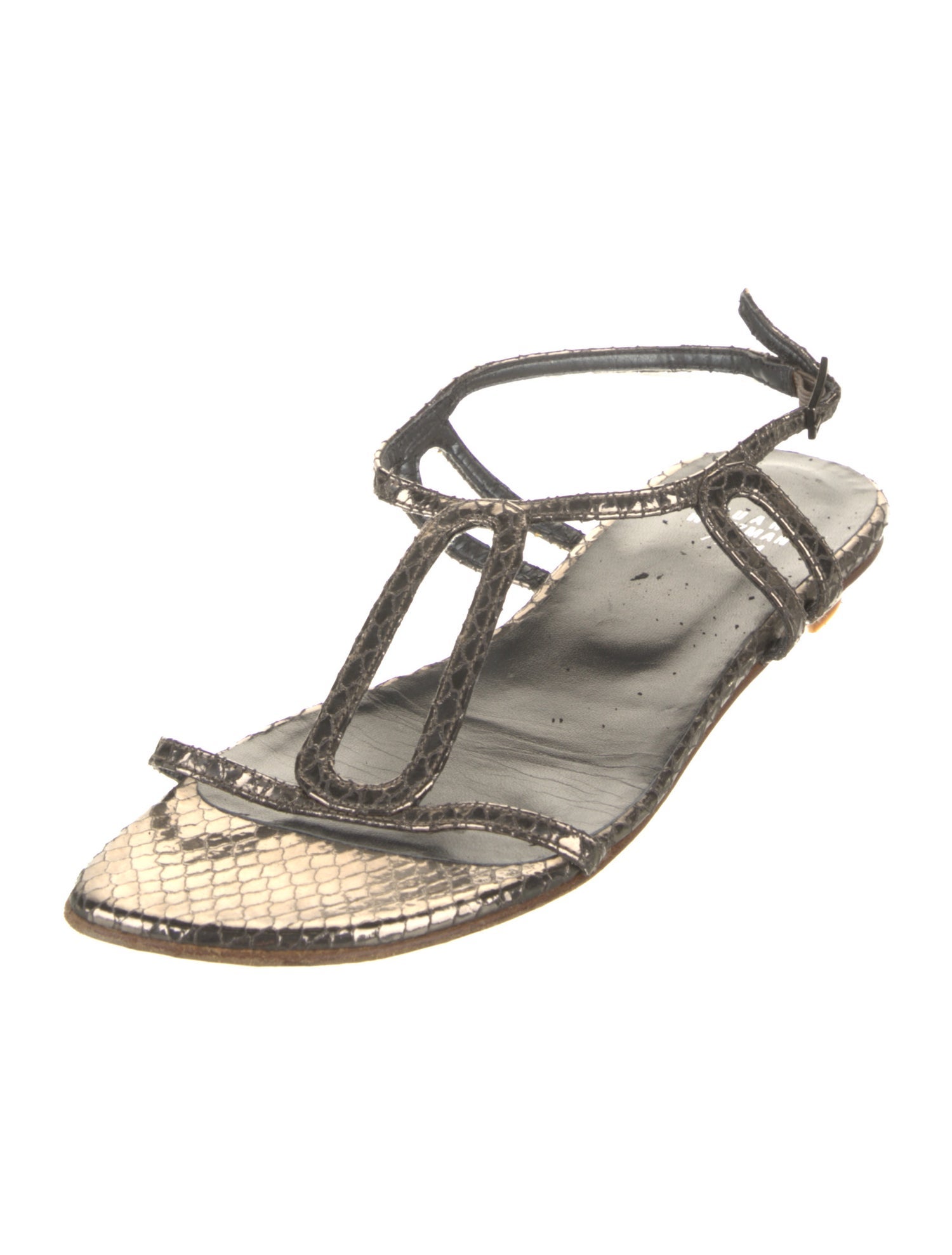 Stuart Weitzman Embossed Leather Animal Print T-Strap Sandals