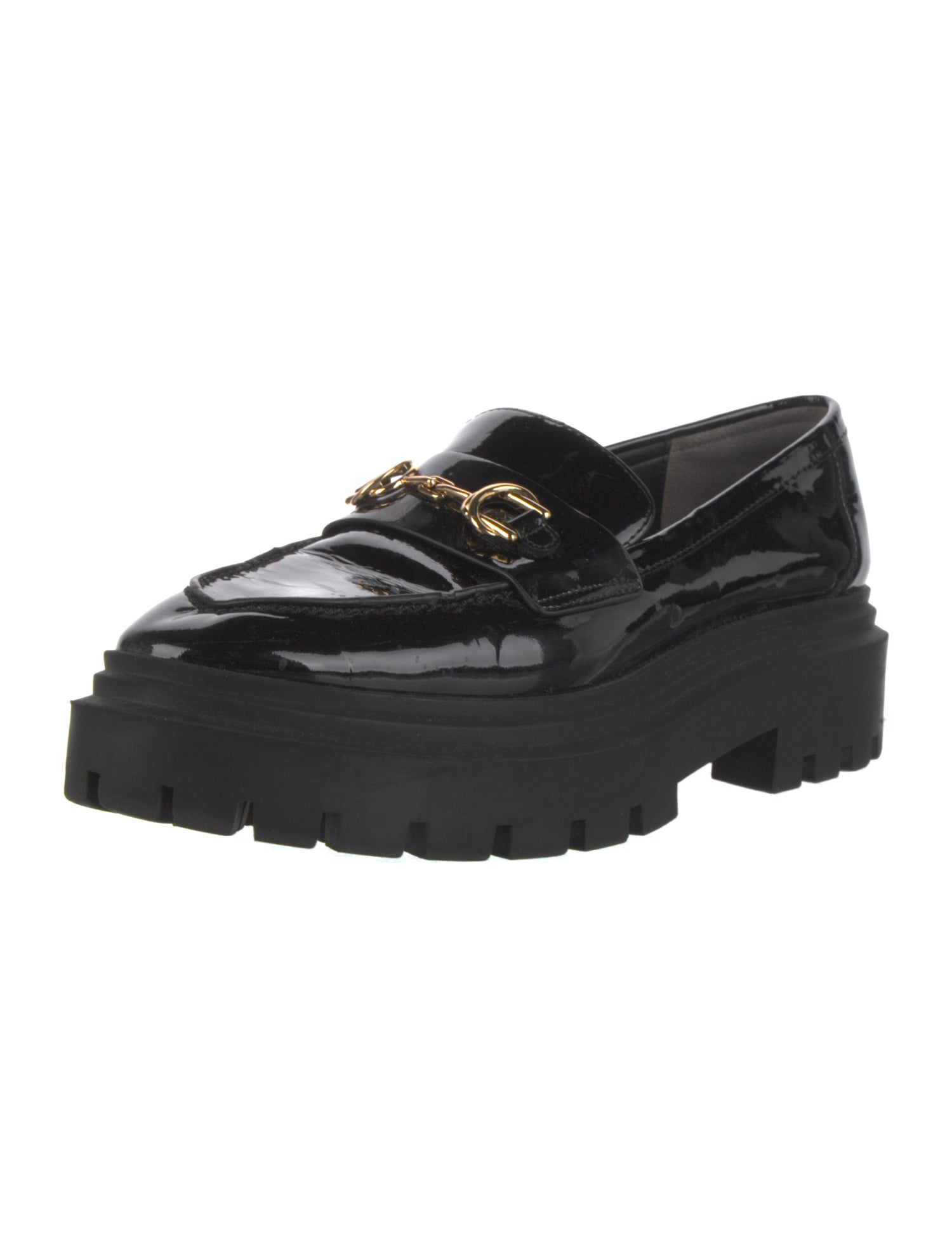 Stuart Weitzman Patent Leather Chain-Link Accents Loafers