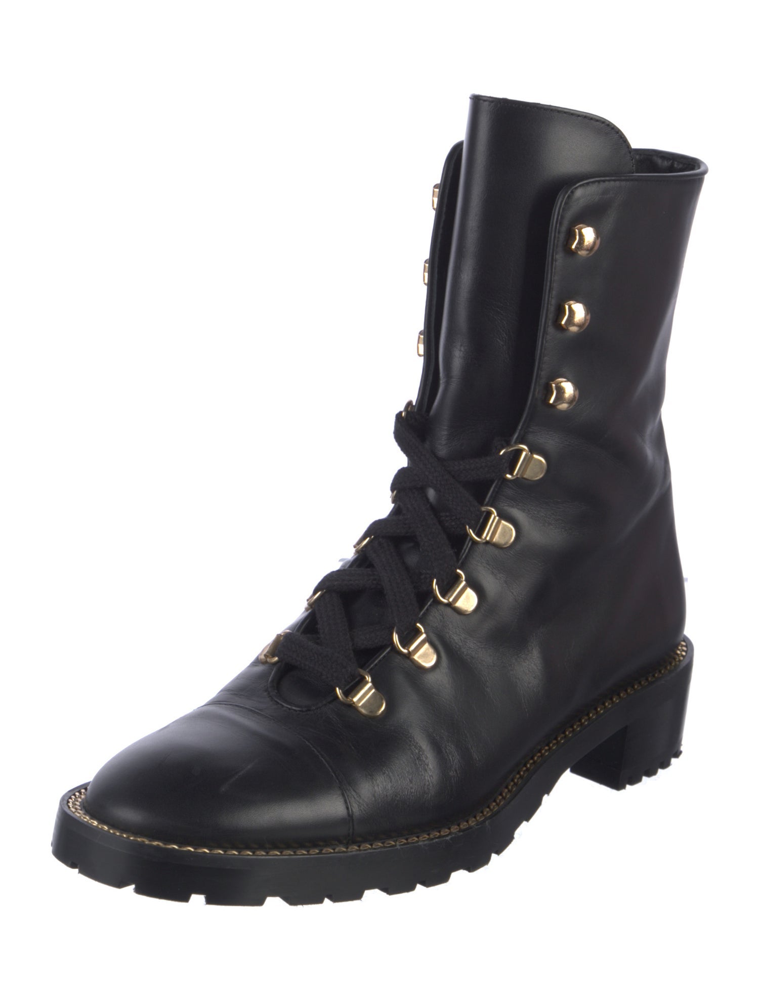Stuart Weitzman Leather Chain-Link Accents Combat Boots