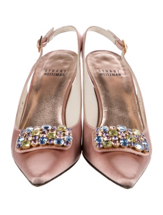 Stuart Weitzman Satin Crystal Embellishments Slingback Pumps