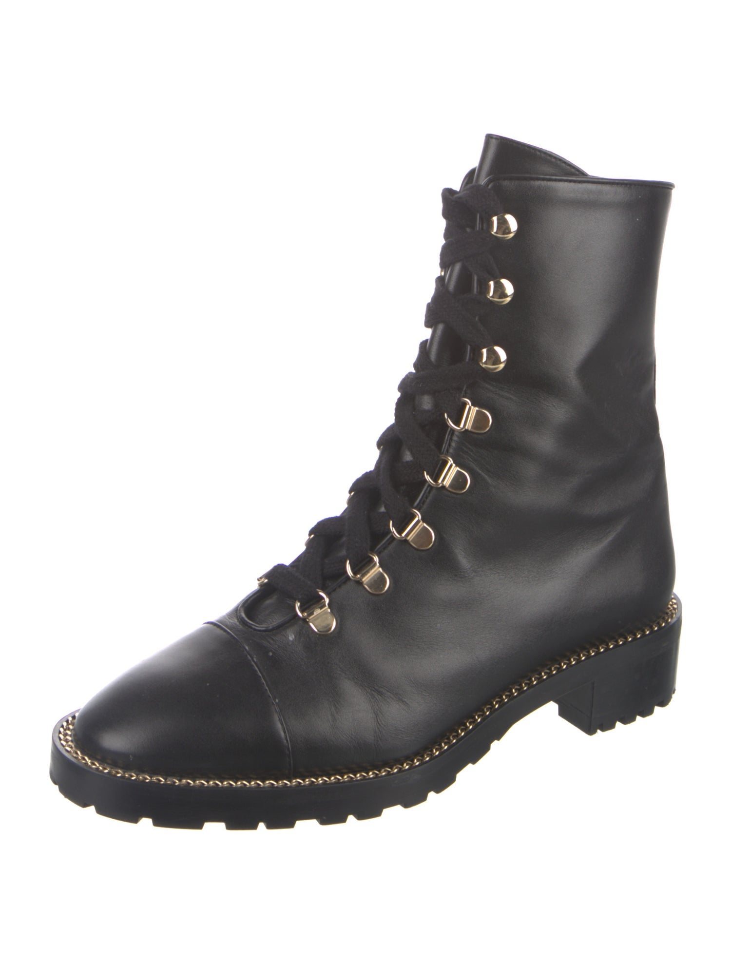 Stuart Weitzman Leather Chain-Link Accents Combat Boots