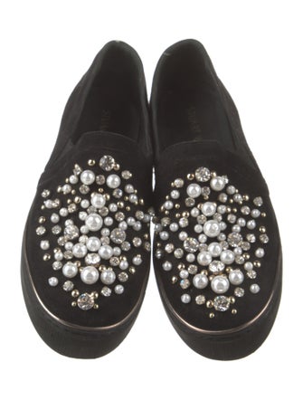 Stuart Weitzman Suede Crystal Embellishments Loafers