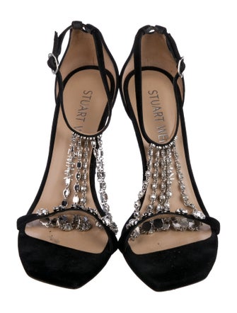 Stuart Weitzman Suede Crystal Embellishments T-Strap Sandals