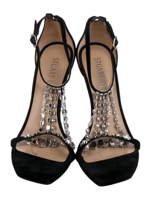 Stuart Weitzman Suede Crystal Embellishments T-Strap Sandals