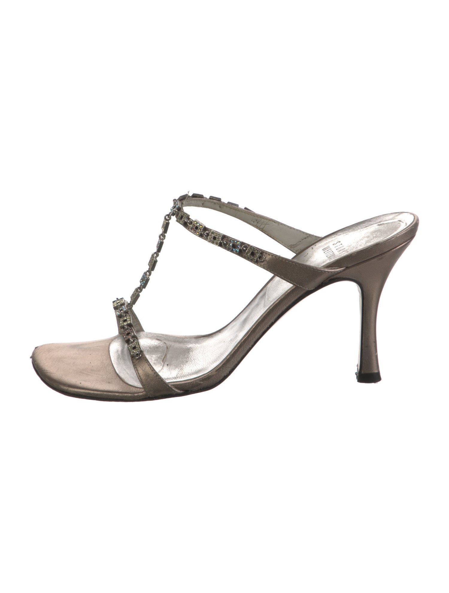 Stuart Weitzman Leather Crystal Embellishments T-Strap Sandals