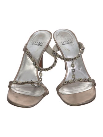 Stuart Weitzman Leather Crystal Embellishments T-Strap Sandals