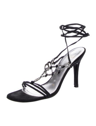 Stuart Weitzman Satin Crystal Embellishments T-Strap Sandals