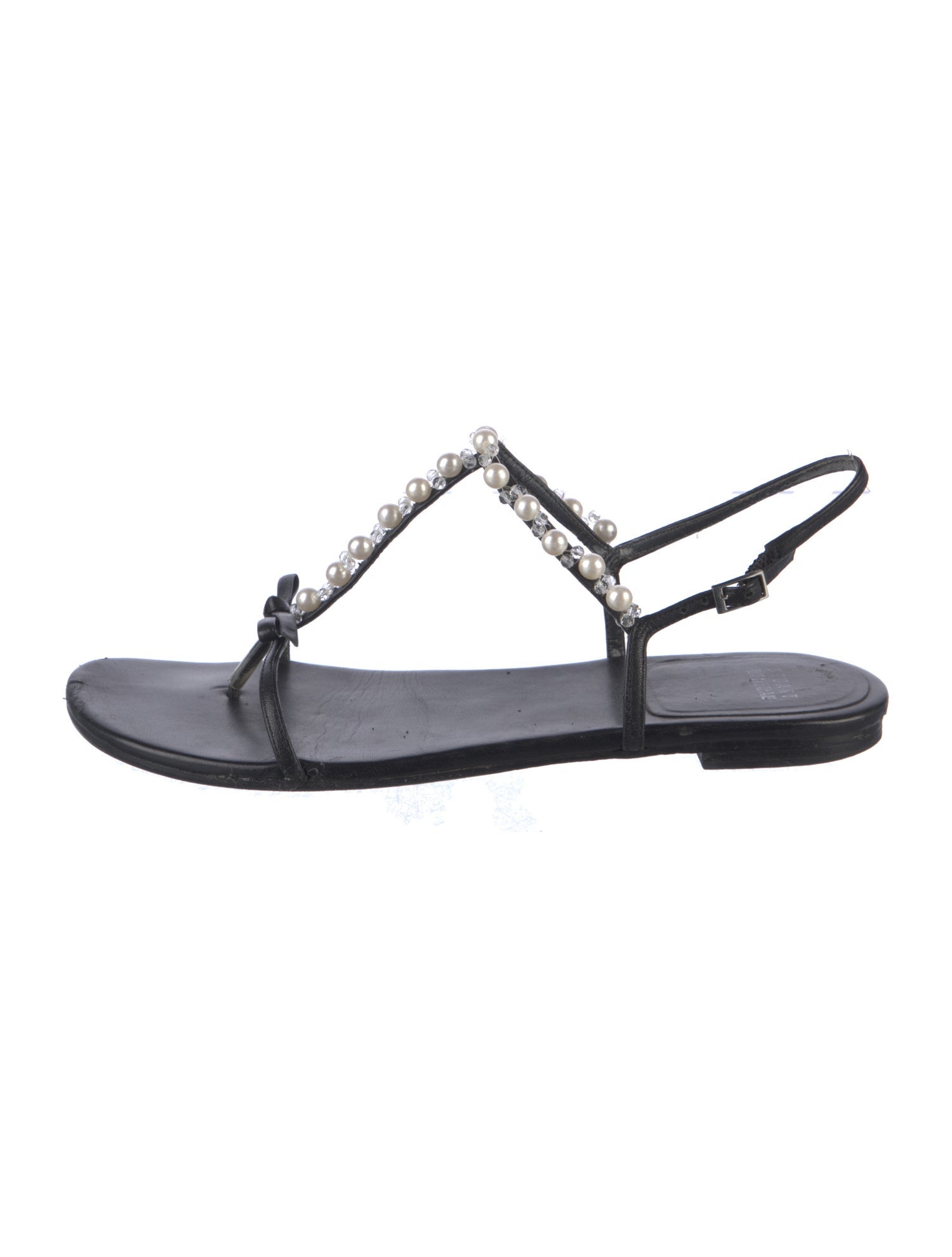 Stuart Weitzman Leather Beaded Accents T-Strap Sandals