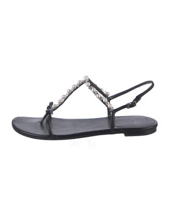 Stuart Weitzman Leather Beaded Accents T-Strap Sandals