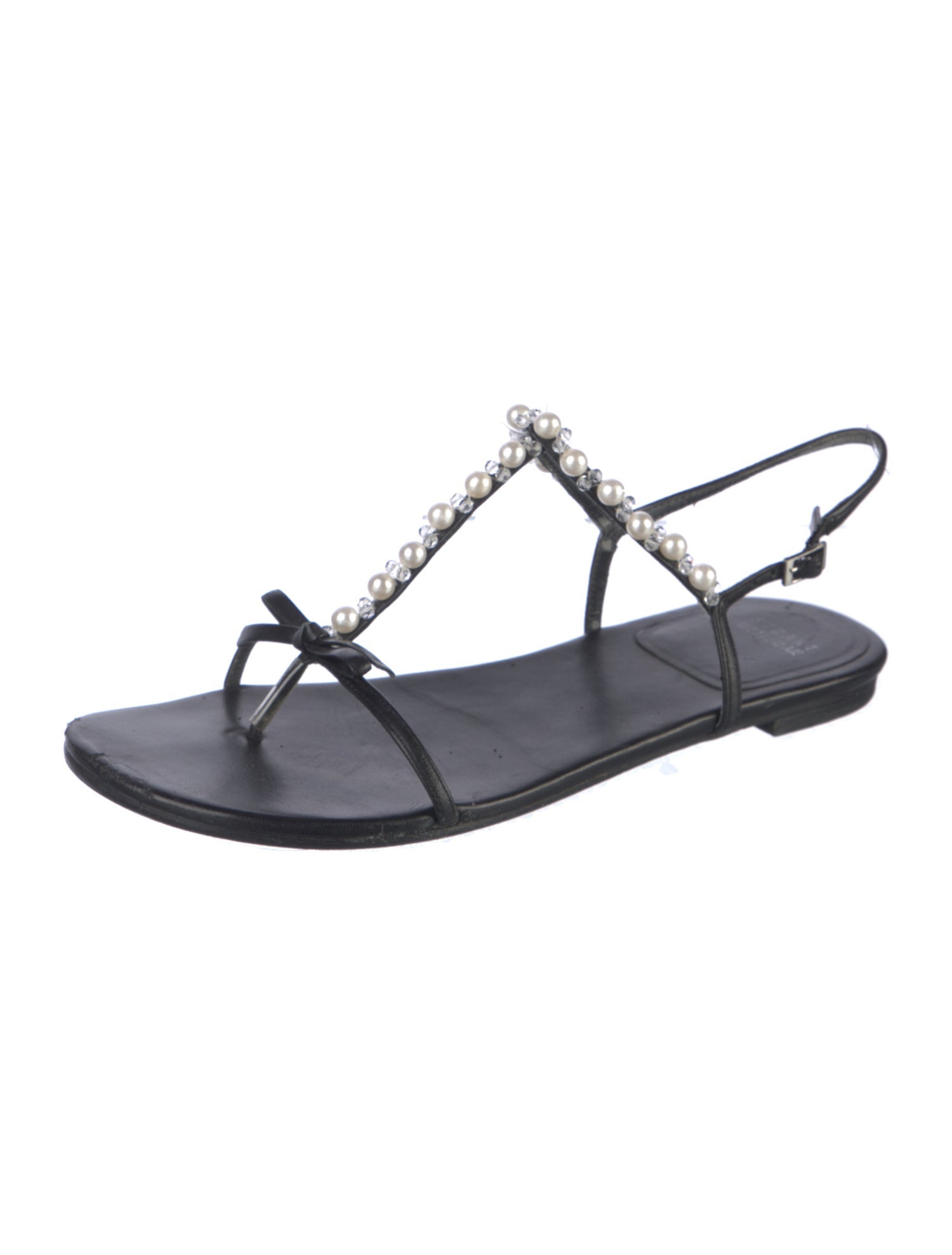 Stuart Weitzman Leather Beaded Accents T-Strap Sandals