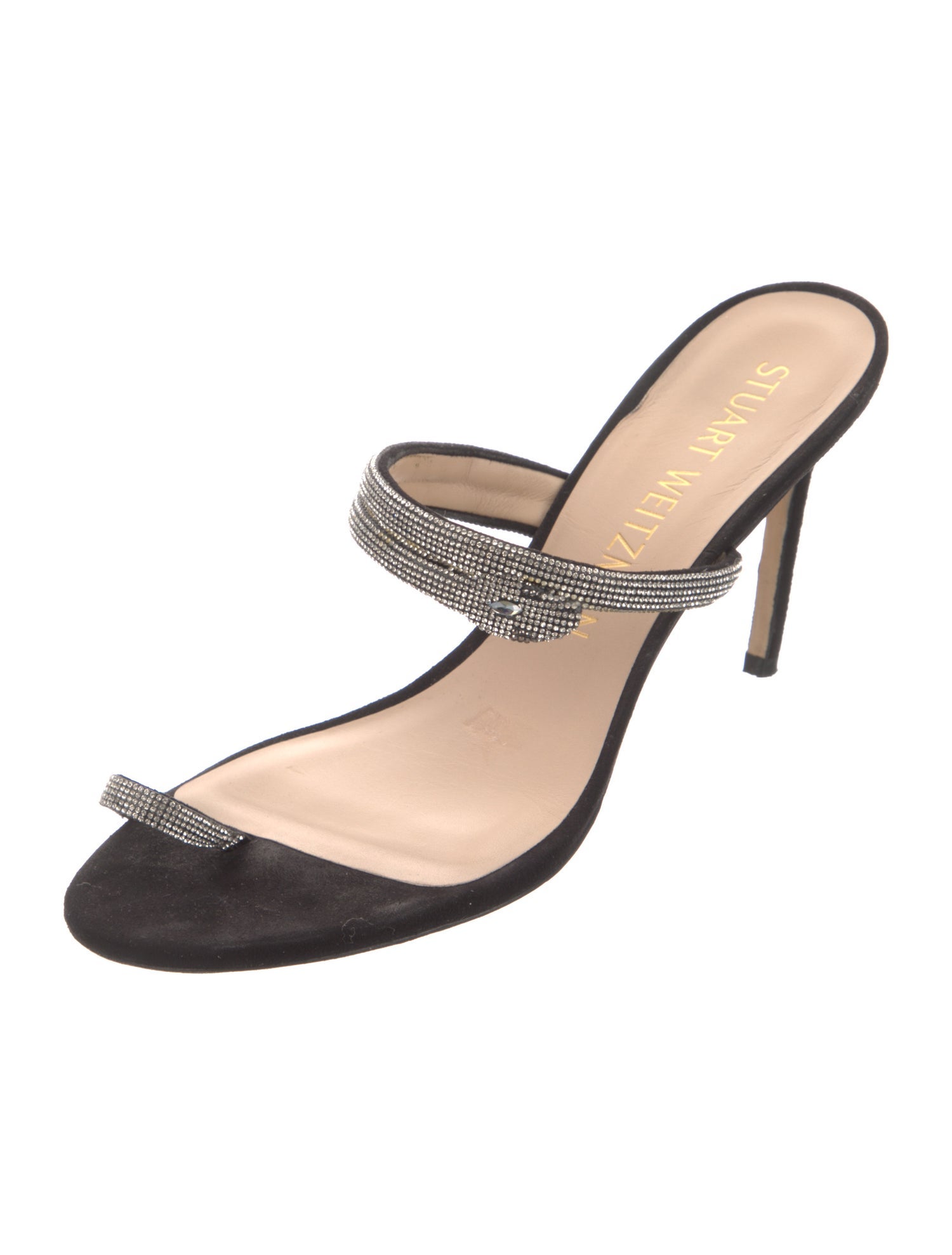 Stuart Weitzman Suede Crystal Embellishments Slides