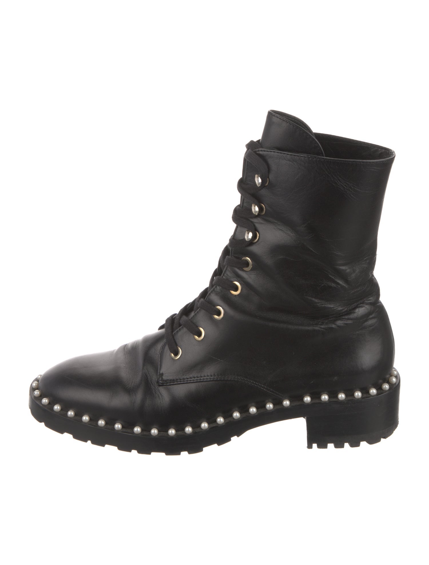 Stuart Weitzman Faux Pearl Accents Leather Combat Boots