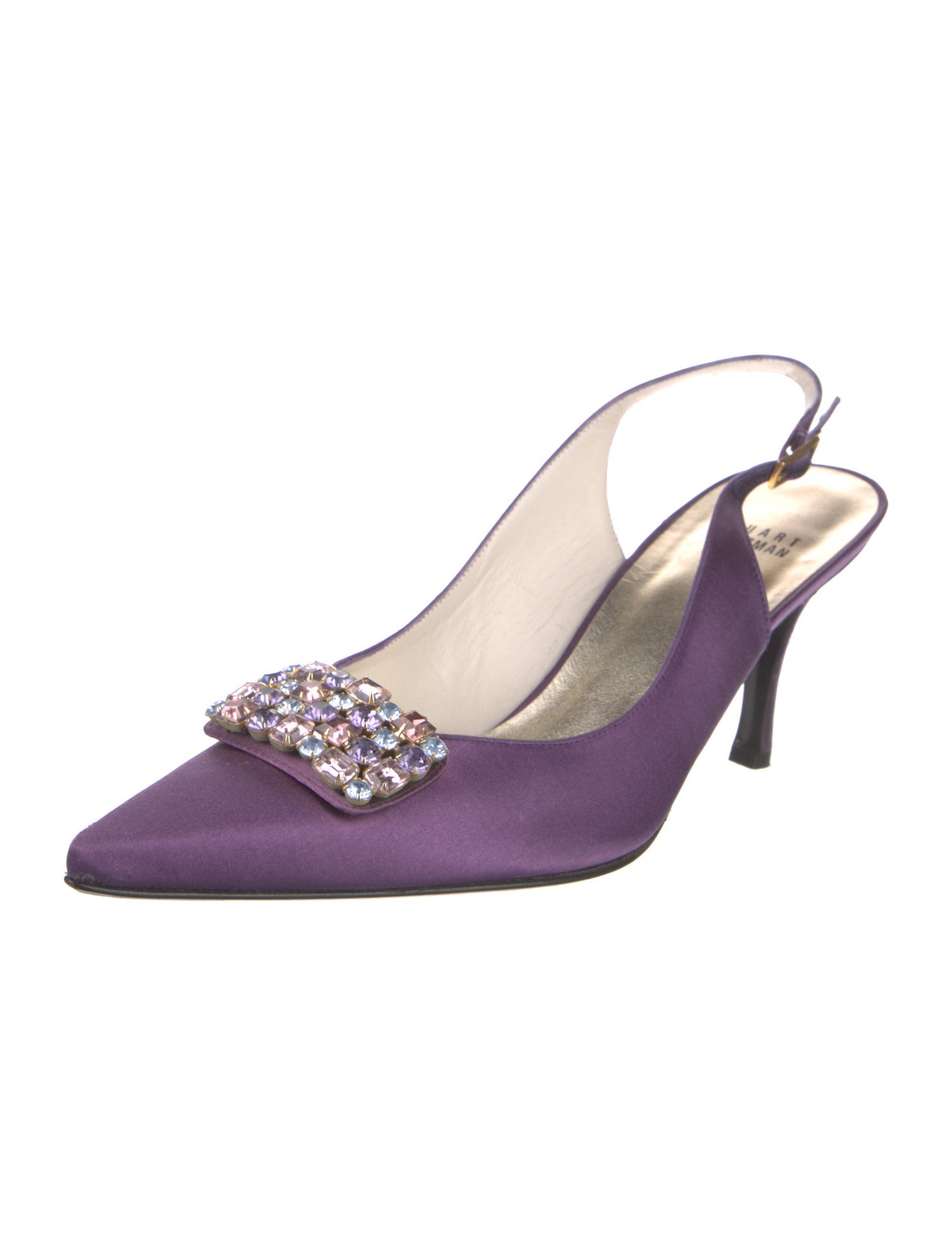 Stuart Weitzman Satin Crystal Embellishments Slingback Pumps