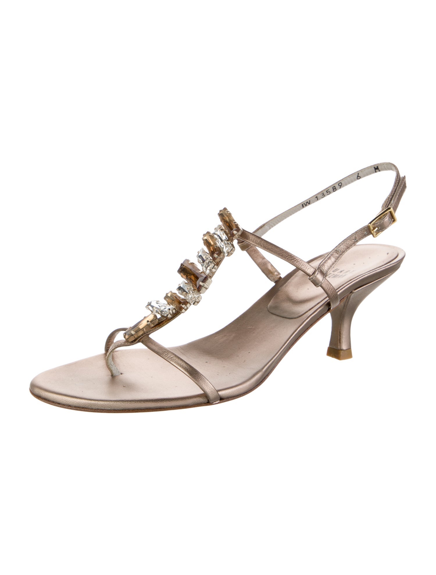 Stuart Weitzman Leather Crystal Embellishments T-Strap Sandals